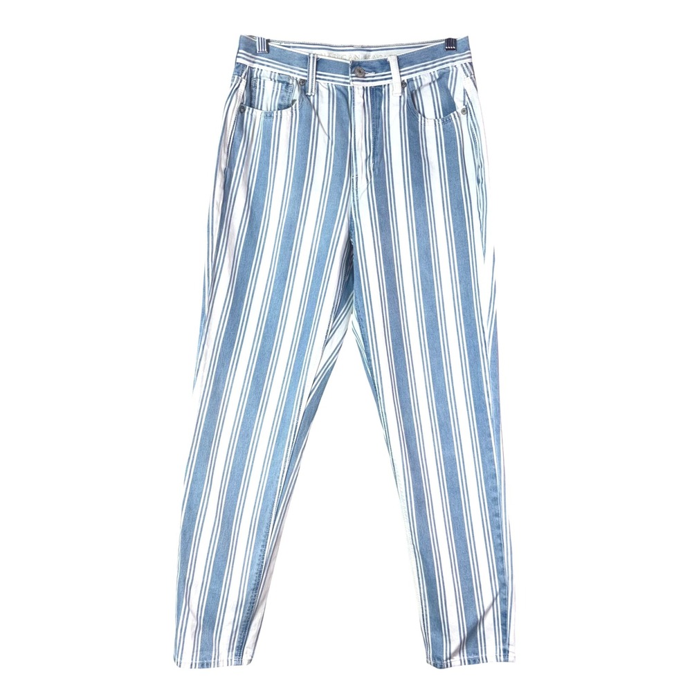 American Eagle Mom Jeans Size 4 Blue White‎ Striped High Rise Denim